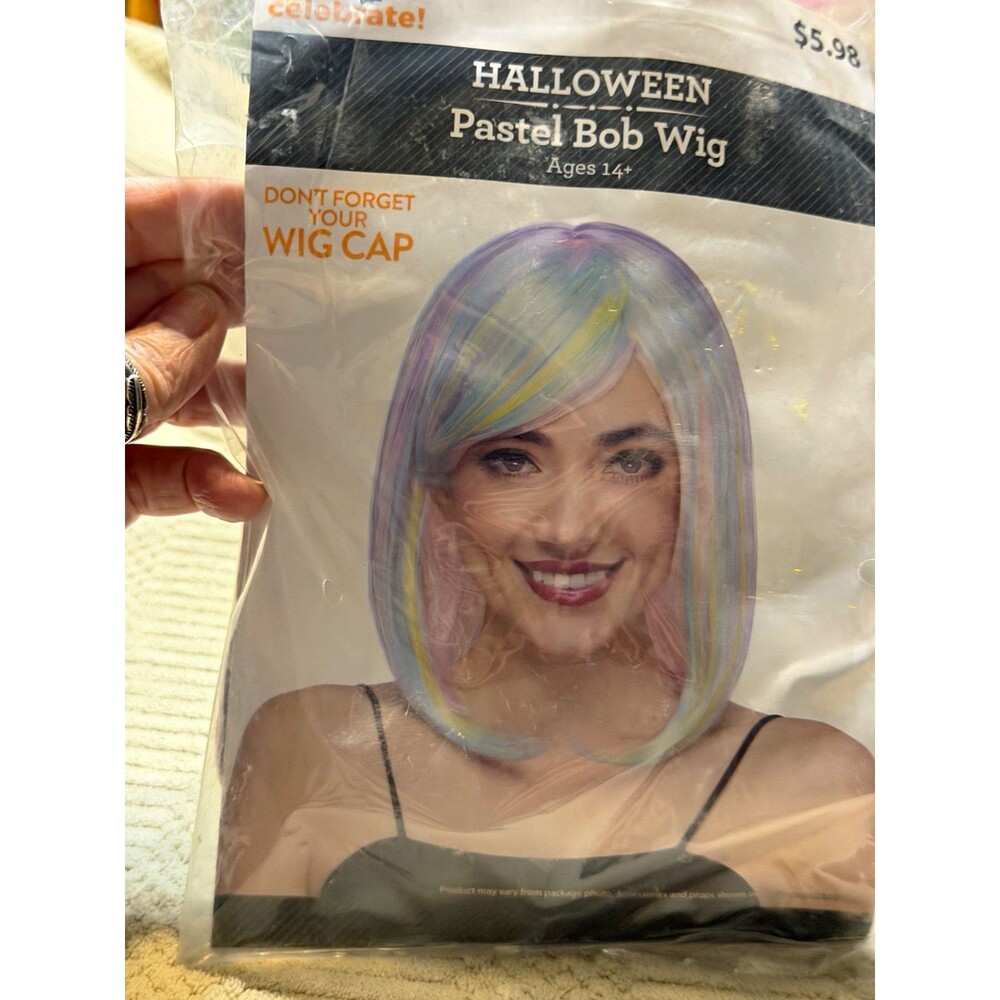 Celebrate! Halloween Pastel Multicolor Bob Wig w/ Wig Cap Adult Unisex One Size